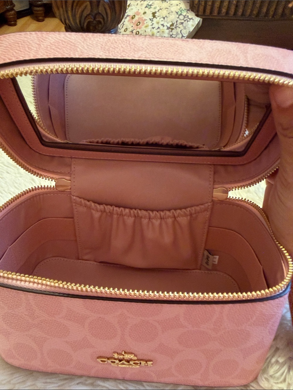 Coach Pink Signature Cosmetic Train Case with Scarf-Wrapped Handle - Picture 3 of 5